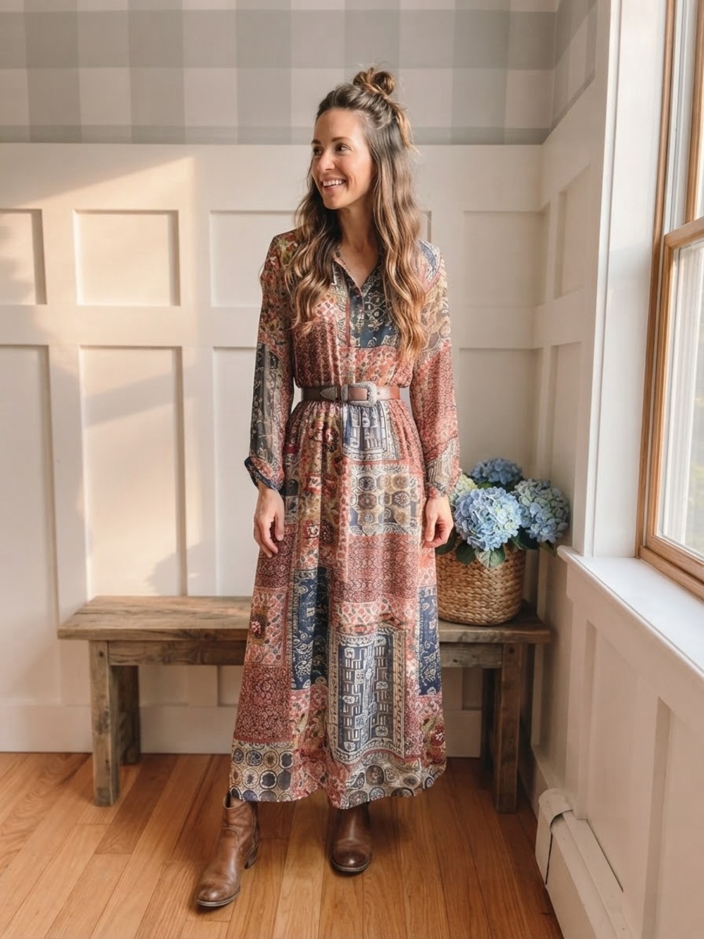 Zara Patchwork Boho Maxi Dress in Rust and Navy Large